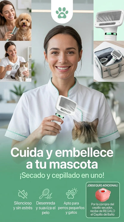 Cepillo secador portátil para Mascotas (2 en 1) - Potente y silencioso (incluye obsequio)