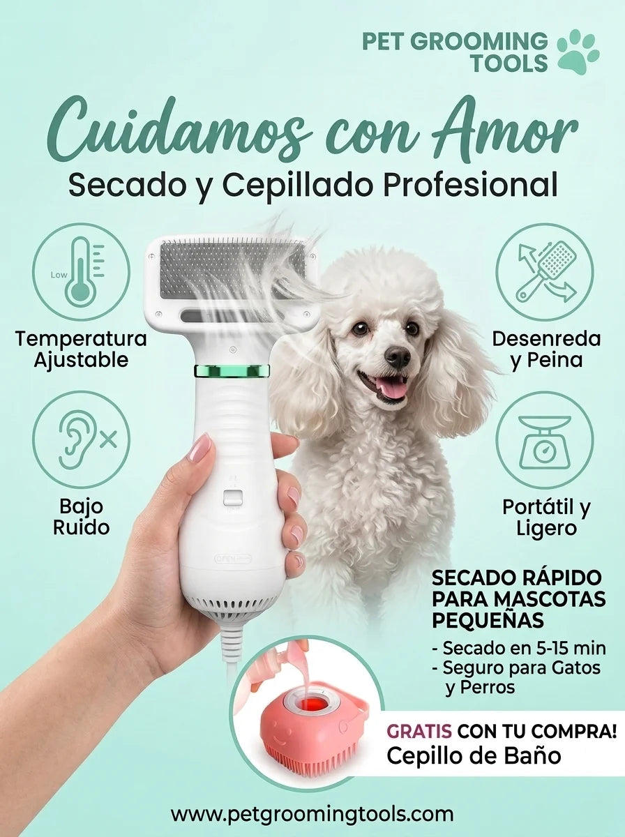 Cepillo secador portátil para Mascotas (2 en 1) - Potente y silencioso (incluye obsequio)