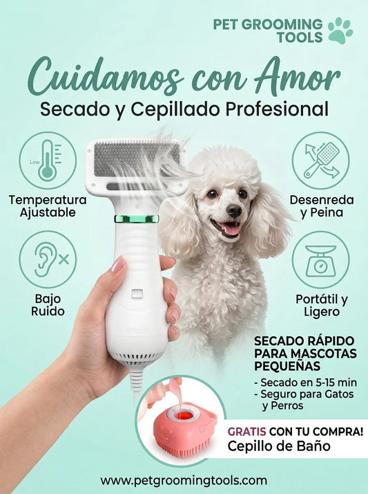 Cepillo secador portátil para Mascotas (2 en 1) - Potente y silencioso (incluye obsequio)